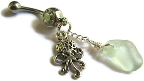 Miniatura 2 de Octopus Belly Button Ring with Light Seafoam Sea Glass Charm