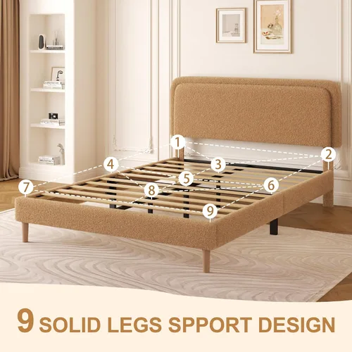 Miniatura 5 de Marco de cama tapizado Boucle de tamaño matrimonial con cabecera ajustable, cama de nube suave, no necesita somier, fácil montaje, sin ruido