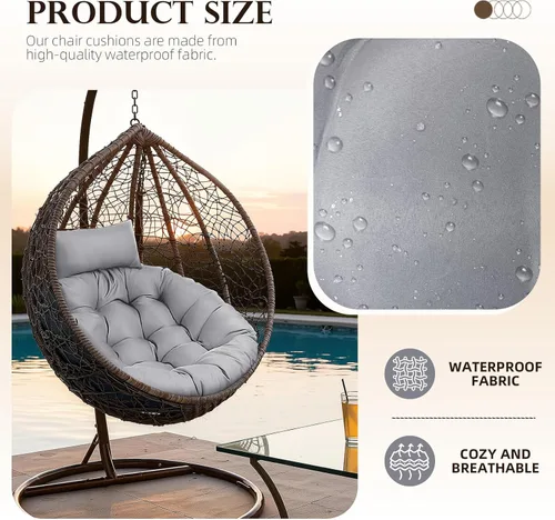 Miniatura 3 de Cojín impermeable para silla de huevo, color negro, lavable, con lazos, grueso, grande, para silla de huevo, para exteriores, con almohada