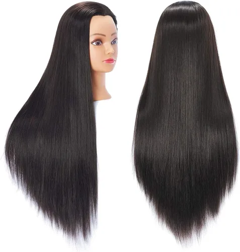 Miniatura 19 de Hairingrid Cabeza de maniquí de 26 a 28 pulgadas, para entrenamiento de peinado, cosmetología, cabeza de muñeca, pelo de fibra sintética y soporte