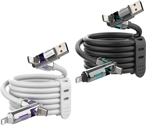 Miniatura 13 de MFish Cable de carga USB 4 en 1 con funda de transporte, cable de carga rápida de 240 W, USB-A y USB-C dual a USB-C/Lightning, para iPhone Negro
