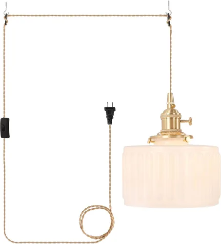 Miniatura 24 de Shenmoyl Lámpara colgante con pantalla de vidrio transparente a rayas, luz colgante vintage de latón, luz colgante ajustable para cocina, isla