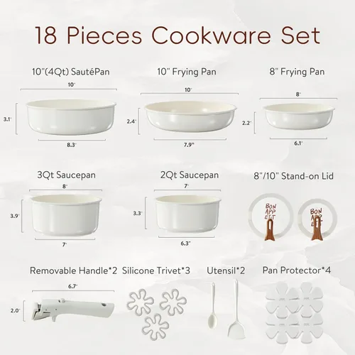 Miniatura 2 de CAROTE Juego de 18 utensilios de cocina de cerámica con mango desmontable, juego de ollas y sartenes antiadherentes, juegos de cocina no tóxicos