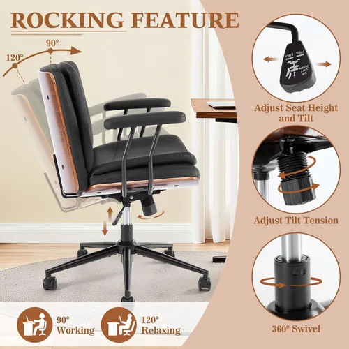 Miniatura 3 de Silla de Oficina para Hogar con Respaldo y Ruedas, Silla Giratoria Ejecutiva Moderna de Nogal, Silla de Tocador de Piel Sintética con Soporte Negro