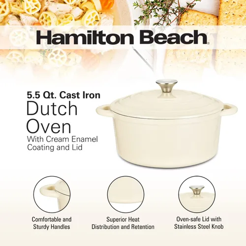 Miniatura 8 de Hamilton Beach Olla holandesa de hierro fundido esmaltado de 5.5 cuartos de galón con tapa, color crema