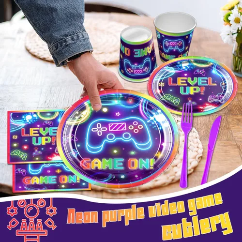Miniatura 3 de 142 piezas de decoración de cumpleaños de videojuegos, vajilla para fiesta de jugadores, videojuegos en platos temáticos, servilletas, vasos