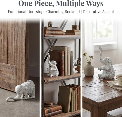 Miniatura 3 de Sumnacon Tope de puerta de hierro fundido con diseño de elefante – Tope de puerta resistente para evitar perforar agujeros, tope de puerta de hierro