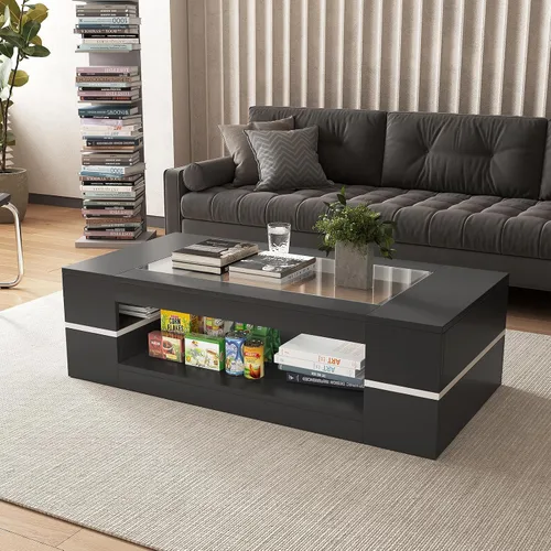 Miniatura 5 de HedoAjim Mesa de centro moderna y elegante de 47.2 pulgadas con parte superior de cristal, mesa grande para sala de estar, mesas centrales