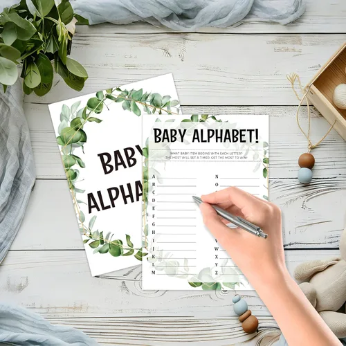 Miniatura 3 de Greenery - Tarjetas de juego de eucalipto para baby shower, suministros de fiesta de revelación de género de la selva tropical, diseño neutro