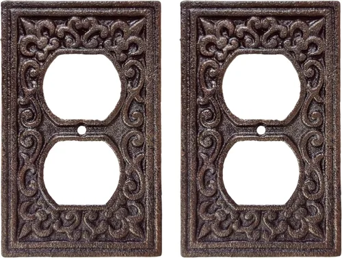 Lulu Decor, Fleur De Lis - Placa de enchufe de hierro fundido en acabado marrón rústico antiguo