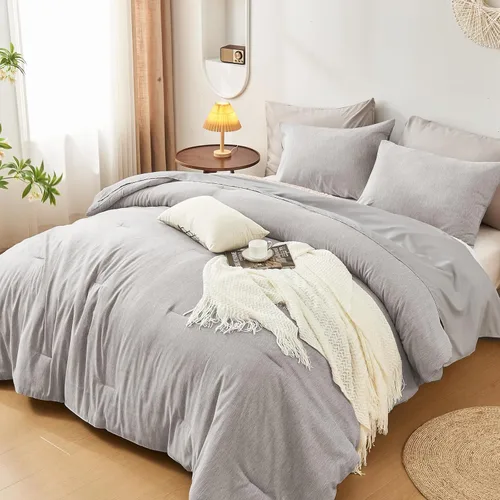 Miniatura 11 de DECMAY Juego de edredón beige de 5 piezas, tamaño individual/individual XL, suave para todas las estaciones, juego de ropa de cama en una bolsa
