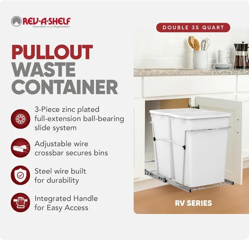 Miniatura 2 de Rev-A-Shelf Bote de basura doble extraíble de 35 cuartos de galón para gabinetes de cocina base, sistema de cubo de basura con toboganes de Blanco