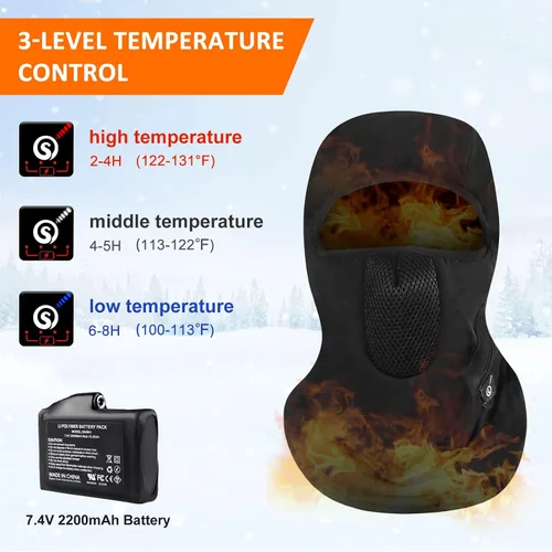 Miniatura 2 de Pasamontañas de esquí con calefacción para hombres y mujeres, máscara facial eléctrica con calefacción, invierno al aire libre, negro, resistente al