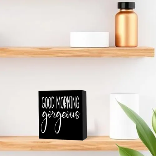 Miniatura 5 de Divertido letrero de madera negra para baño, con texto en inglés "Good Morning Gorgeous Wood Block" para baño, estante de baño, baño, hogar, mesa