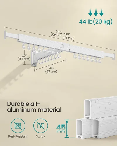 Miniatura 7 de SONGMICS Tendedero para Secar Ropa, Tendedero de Lavandería Montado en la Pared, Extensible, Brazos Plegables, con 21 Ganchos Deslizantes Blanco Nube