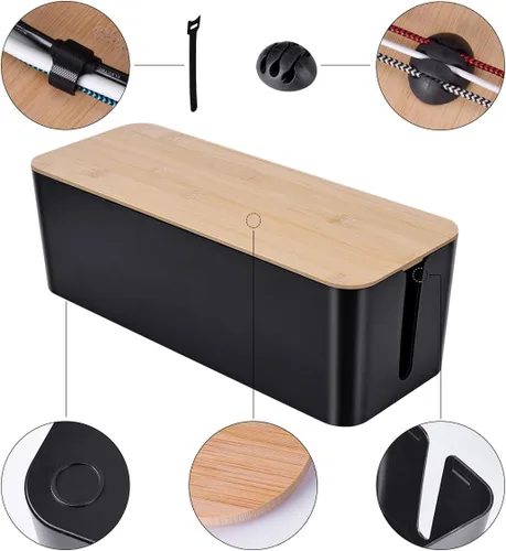 Miniatura 5 de Paquete de 2 cajas grandes para organizar cables, caja organizadora de cables de estilo madera y cubierta para cables de TV, computadora, enrutador