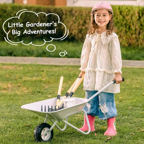 Miniatura 6 de ROBUD Herramientas de jardinería para niños, juego de juguetes al aire libre con carretilla para niños, 9 piezas de carretilla de metal para niños