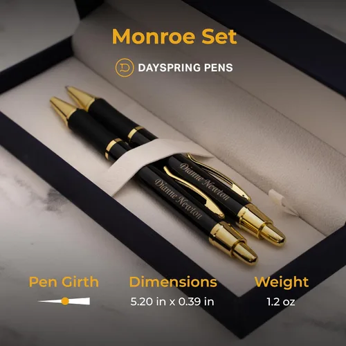 Miniatura 5 de Dayspring Pens Monroe - Juego de bolígrafo y lápiz, laca negra con detalles dorados, grabado personalizado: graduación, promoción, aniversario