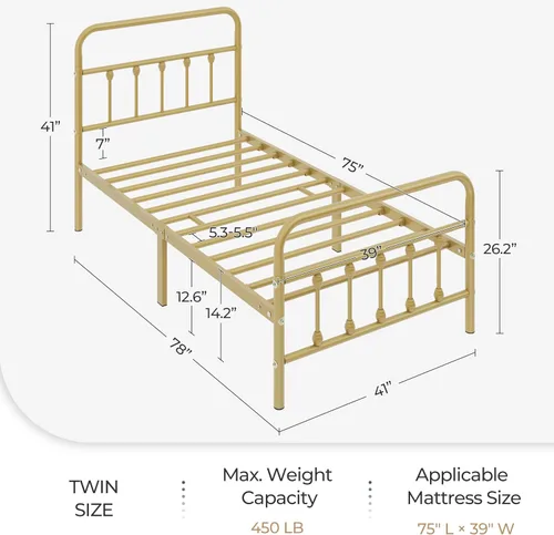 Miniatura 9 de Topeakmart Marco de cama de metal de estilo victoriano tamaño twin con cabecero/base de colchón/no necesita somier/almacenamiento debajo