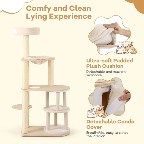 Miniatura 7 de Tangkula Torre de árbol para gatos, torre de madera moderna de varios niveles para gatos de 60 pulgadas con condominio de 2 pisos, postes rascadores
