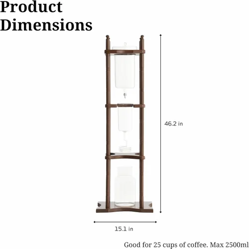 Miniatura 2 de Nispira - Cafetera de goteo de café frío con torre, para café helado, con soporte de vidrio y madera, 25 tazas Marrón oscuro