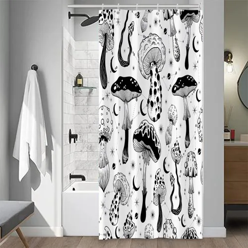 Miniatura 44 de Cortina de Ducha Floral Bohemia Negra Flores de Mediados de Siglo Botánica Moderna Elegante Estética Cortina de Ducha para Decoración de Baño