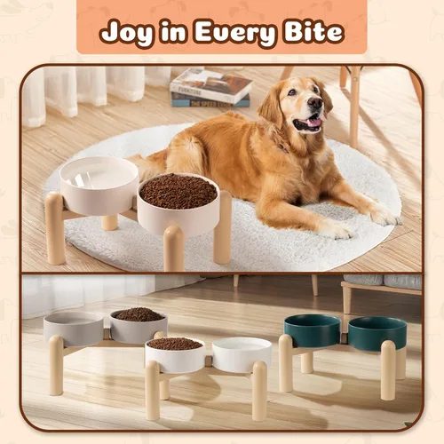 Miniatura 7 de Juego de cuencos elevados de cerámica para perros, platos dobles resistentes con soporte antideslizante, cuencos elevados para alimentos y agua