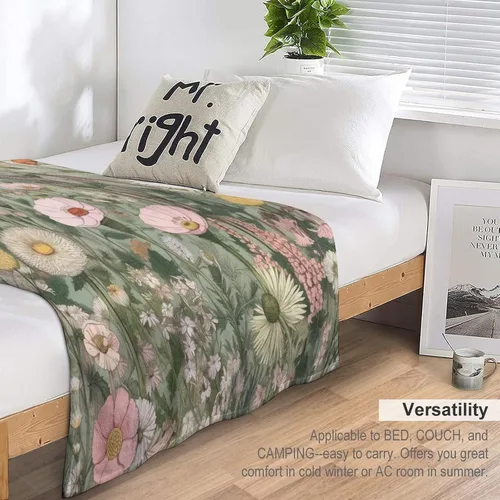Miniatura 5 de Manta de vellón de hierbas y flores silvestres con plantas botánicas para primavera y verano, con margaritas y hojas florales, manta de franela
