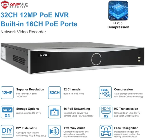 Miniatura 2 de Anpviz NVR PoE de 32 canales 4K 12MP con 16 puertos PoE y 2 HDMI - Soporta cámara IP de 32x12MP, 4 SATA de hasta 64 TB, reconocimiento facial