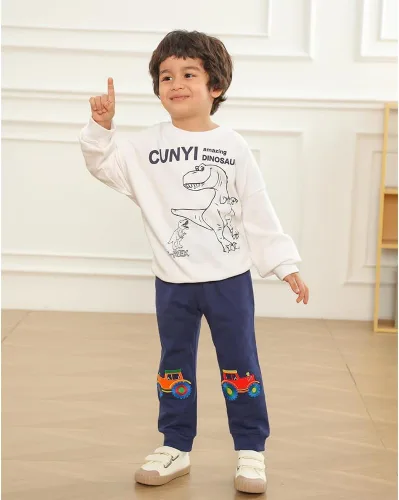 Miniatura 4 de GFQLONG Paquete de 3 pantalones deportivos elásticos con cordón para bebé, de algodón, dinosaurio, con bolsillos