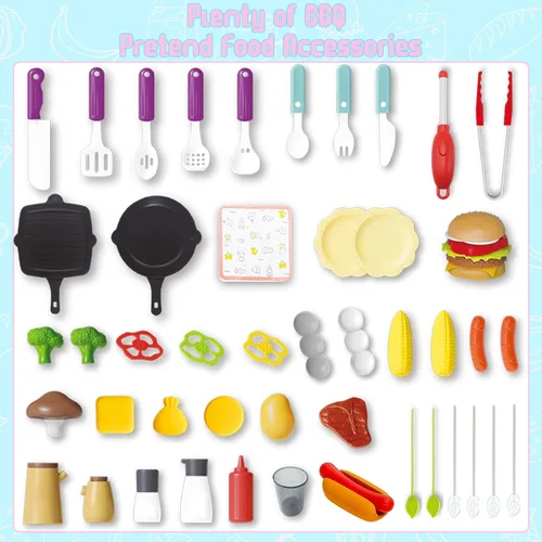 Miniatura 5 de Parrilla de juguete para niños, juego de parrilla de barbacoa con luz y sonido, efecto de humo y 2 ruedas, comida de juguete, accesorios de cocina