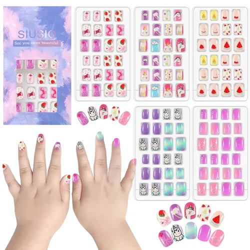 Miniatura 13 de 120 unidades de 5 uñas postizas acrílicas a presión para niños, lindo prepegamento de cubierta completa con purpurina, color degradado, arcoíris