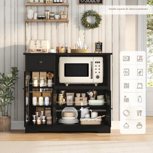 Miniatura 7 de HORSTORS Armario para microondas, armario de almacenamiento de cocina con 3 puertas y 1 cajón, aparador de buffet con estantes ajustables, soporte