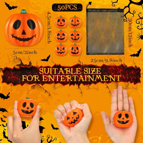 Miniatura 2 de Leyndo 80 bolas de 2 pulgadas de calabaza de Halloween para aliviar el estrés, mini bolas de espuma con bolsas, regalos de fiesta de Halloween