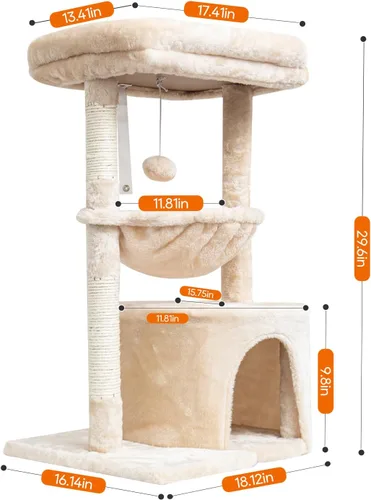 Miniatura 2 de SYANDLVY Árbol pequeño para gatos de interior, condominio para gatitos con poste rascador y tabla, torre de actividades moderna con cuna, beige