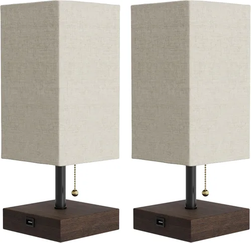Miniatura 10 de Lavish Home Juego de lámpara de mesa pequeña con base de madera, juego de 2 luces rectangulares modernas con bombilla LED que incluye decoración