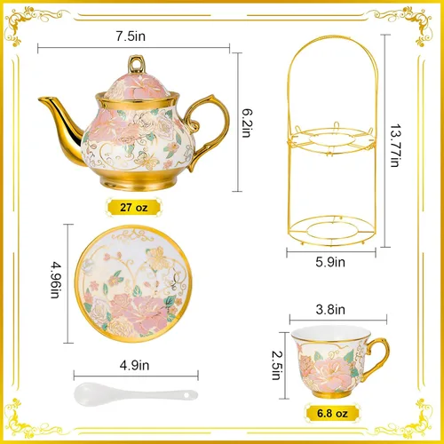 Miniatura 3 de Juego de té de cerámica europea de 20 piezas para adultos con soporte de metal y pintura de flores (versión crema grande)