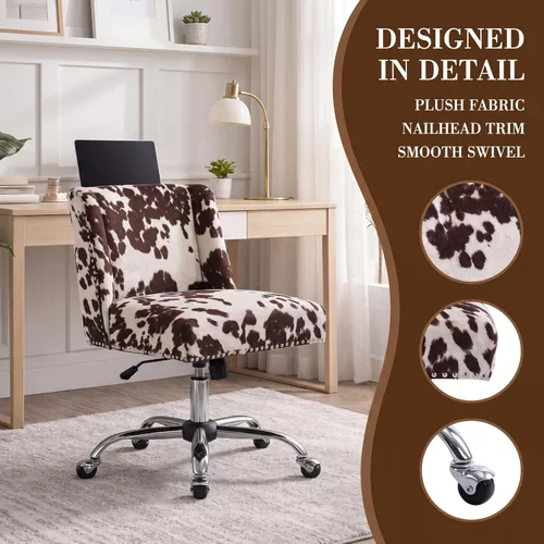 Miniatura 3 de Silla de escritorio con estampado de vaca, silla giratoria de escritorio con ruedas, silla tapizada para oficina en casa sin brazos para dormitorio