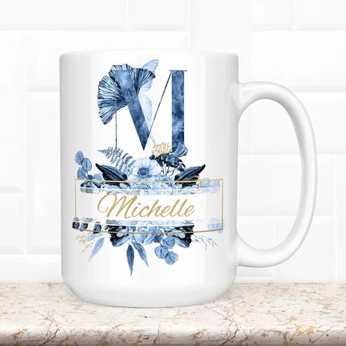Miniatura 3 de Personalized Blue Floral Monogram Name Coffee Mug Beautiful Flowers Initial Custom Microwave Dishwasher Safe Cup