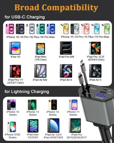 Miniatura 7 de Cargador de Coche Retráctil, Adaptador de Cargador de Coche iPhone 16 15 de 66W 4 en 1 con 2 Cables de Cargador iPhone Retráctiles