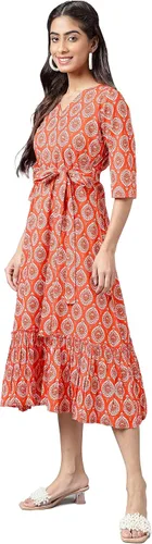 Miniatura 5 de Janasya Vestido con volantes estampado de motivos étnicos de algodón naranja para mujer india