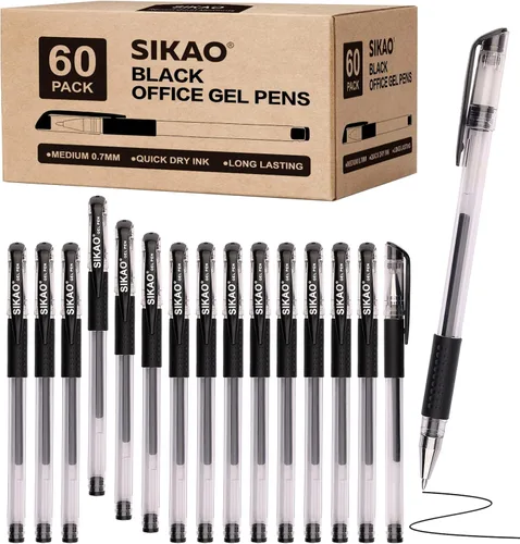 Bolígrafos de gel negros a granel, paquete de 60 bolígrafos de tinta de gel de punta fina de 0.028 in, tinta negra suave de secado rápido, sin