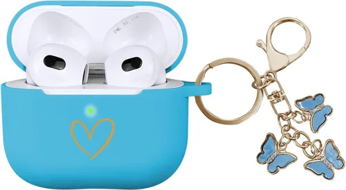 Miniatura 16 de Funda compatible con AirPods 3 2021, funda de silicona suave con patrón de corazón dorado para AirPods de 3ª generación con bonito llavero de Negro