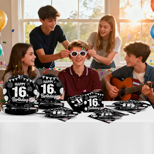 Miniatura 5 de Juego de 96 piezas de platos de papel, servilletas y tenedores para fiesta de cumpleaños número 16 para fiesta negra de dulces 16 años, platos