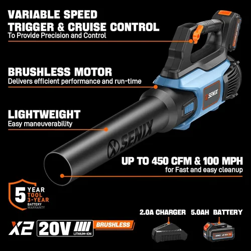 Miniatura 2 de SENIX Soplador de hojas de 20 V Max, inalámbrico, sin escobillas, de mano, hasta 450 CFM y 100 MPH, 2 modos de velocidad, control de crucero