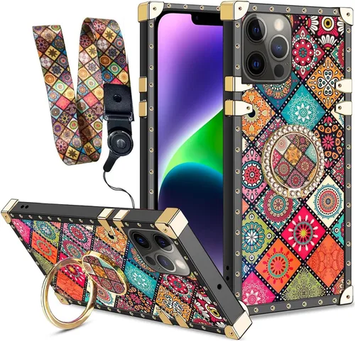 Miniatura 15 de nancheng Funda para iPhone 15, diseño de flor de mariposa azul, TPU suave, a prueba de golpes, con soporte de anillo y cordón a juego, elegante