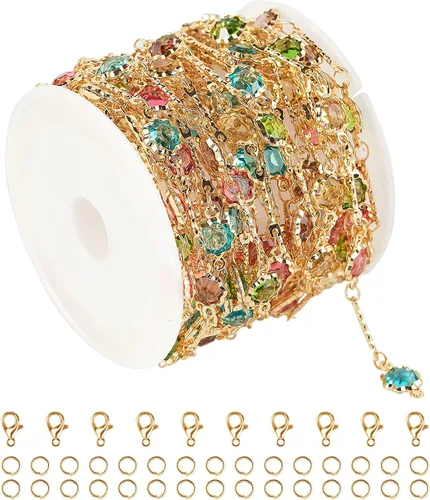 Cadenas chapadas en oro de 16.4 pies para hacer joyas, cadena de diamantes de imitación de colores mixtos, pulseras, collar, cadena de tobillera, a