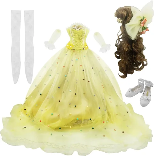 Ropa de muñeca BJD de 1/3, hermoso vestido amarillo, conjunto de atuendo de aspecto de princesa, compatible con muñecas SD de 1/3 de 23.6 in y 24