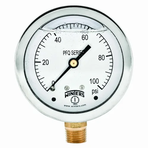 Winters, medidor de presión de acero inoxidable 304 Serie PFQ, con escala única y relleno de líquido, con interior de metal, 0-100 psi, visualizador