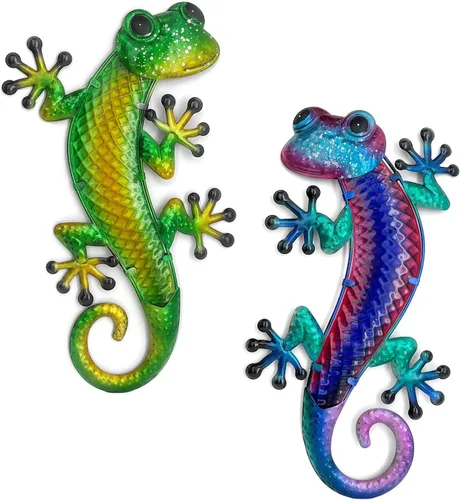 Miniatura 15 de HONGLAND Arte de pared de Gecko de metal, 2 unidades de lagarto de 15 pulgadas, decoración para exteriores, escultura de vidrio colgante, decoración